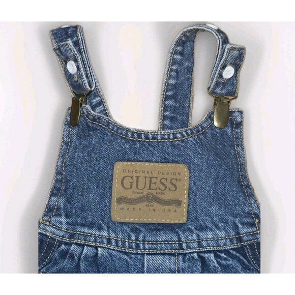 Vintage Guess Denim Overalls Leather Patch Clip Toddler Girl Boy 18 Months USA - Picture 2 of 9